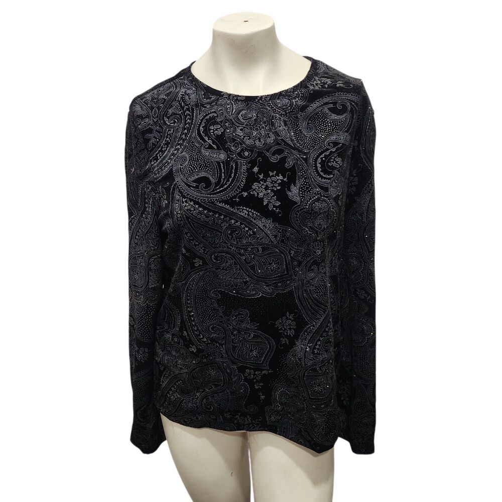 White‎ Stag Paisley Blouse Black Metallic Shimmer Stretch Top Womens L